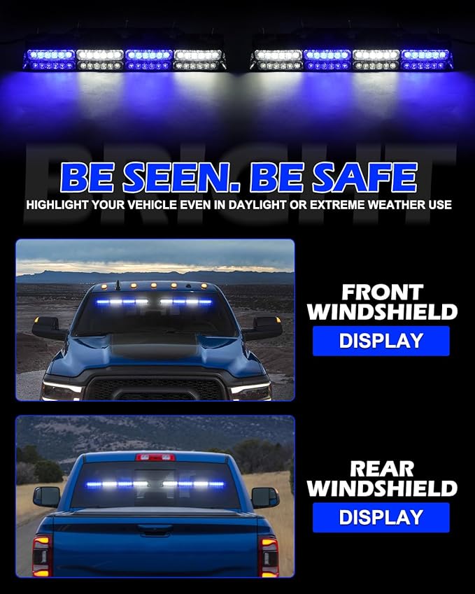 HLauto 604N Emergency Dash Strobe Lights: 2x16.8 inch Blue White Security Light w/Take Down, 48 LED Safety Flashing Warning Hazard Interior Windshield Light Bar for Trucks Vehicles