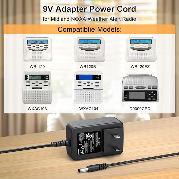 9V AC/DC Adapter Charger for Midland WR-120 WR120 WR120B WR-120B WR120EZ WR-120EZ Weather Radio Power Adapter for Midland WXAC103 WXAC104 D9300CEC Charger Power Supply Cord with UL Listed