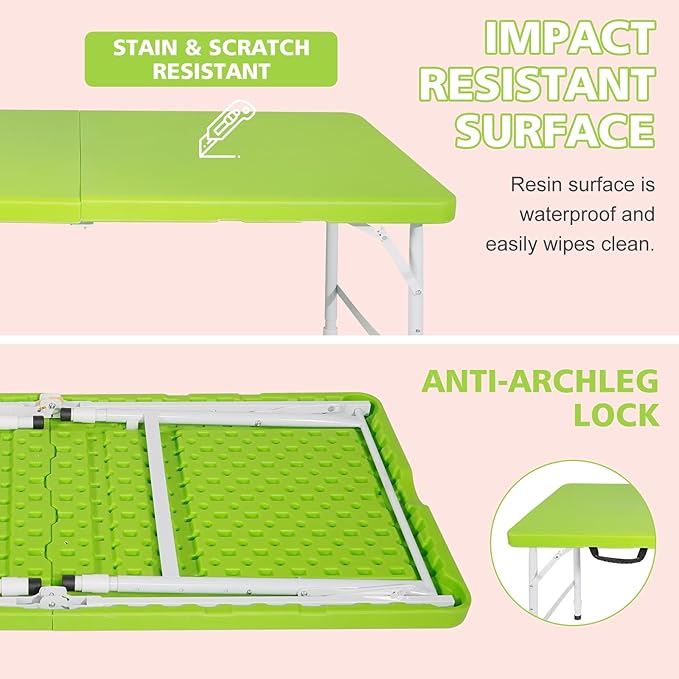 Portable 4Ft Adjustable Height Plastic Folding Table, Heavy Duty Fold-in-Half Table with Carrying Handle, Small Utility Foldable Table for Picnic Party Camping BBQ, Indoor/Outdoor (Green)