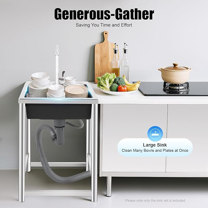 Utility Sink Free Standing Stainless Steel Single Bowl Kitchen Sink with 360° Rotatable Faucet and Strainer Basket Portable Sinks for Home Laundry Garage Commercial