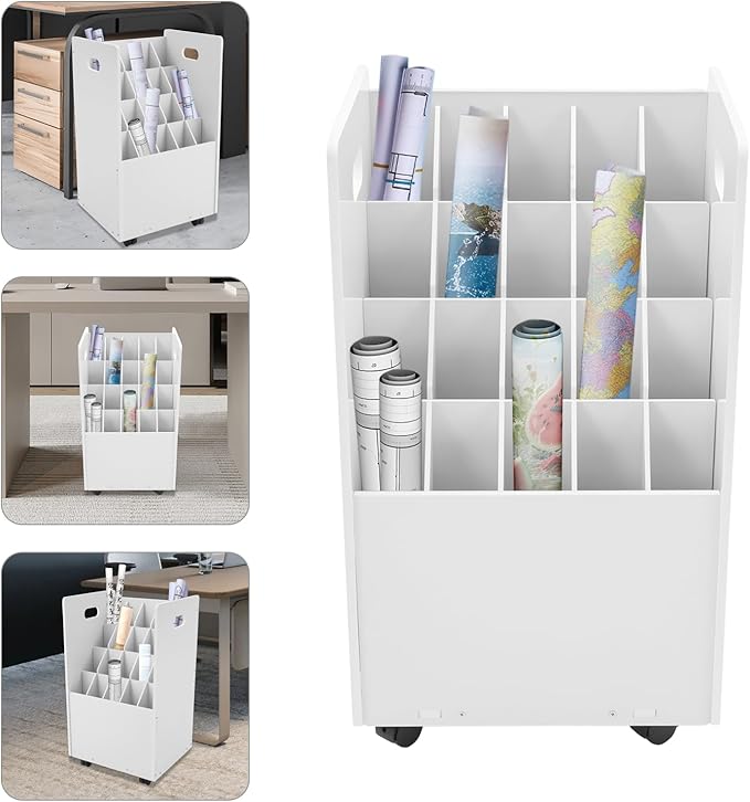 Blue Print Storage Organizer, 20 Slot Mobile Roll File Cart, Construction Plan Holders, Blueprint Cabinet with Wheels for Office Home Library