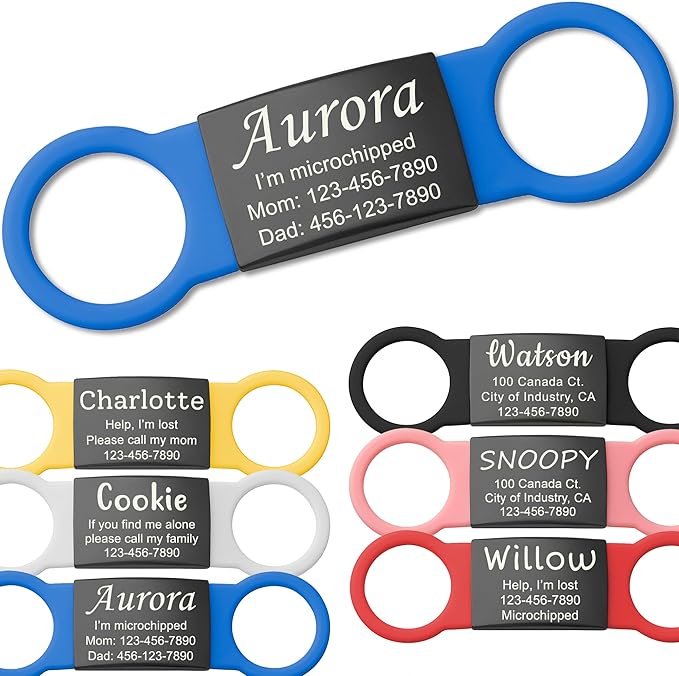 Anavia Slide On Silent Pet ID Tags, S/M/L/XL Personalized Black Stainless Steel Colored Silicone Cat Dog Name Tag, Customized Engraved Nameplate, Quiet Chew-Proof Pet Collar Tag (Blue, X-Large)