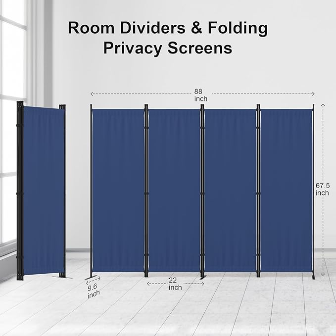 Room Partitions and Dividers 4 Panel Portable Wall w/ 3 Wider Feet Folding Room Divider 6FT Privacy Wall Indoor as Dressing Screen for Apartment School Office Children's Separate Rooms,Blue