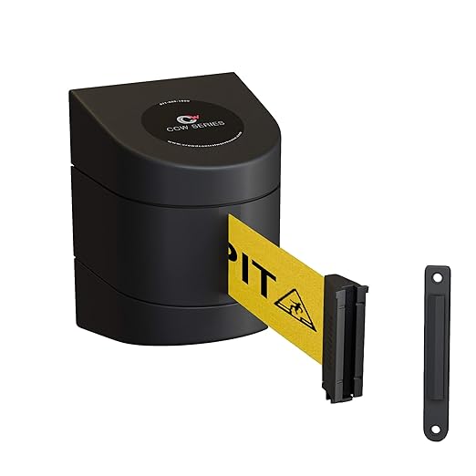 Crowd Control Warehouse - CCW Series WMB-220 Fixed Wall Mount Retractable Belt Barrier - 15 Foot, Yellow"Beware Open Pit" Black Letters Belt with Black ABS Case