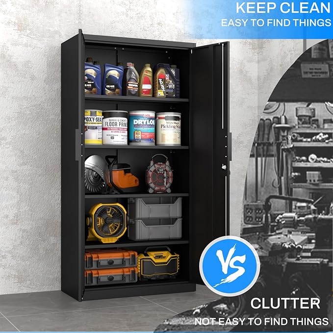Metal Garage Storage Cabinet with Lock, 72" Tall Steel Storage Locker with 4 Adjustable Shelves, Heavy Duty Metal Cabinet for Garage, Office, Home, Black