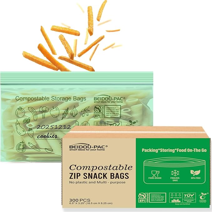 Compostable Snack Storage Zip Bags, 300 Count | 2 Mil | 6.5 IN x 3.25 IN, Freshness Easy Open Biodegradable Eco-Friendly Reclosable Compost zipper Bags for Food On the Go