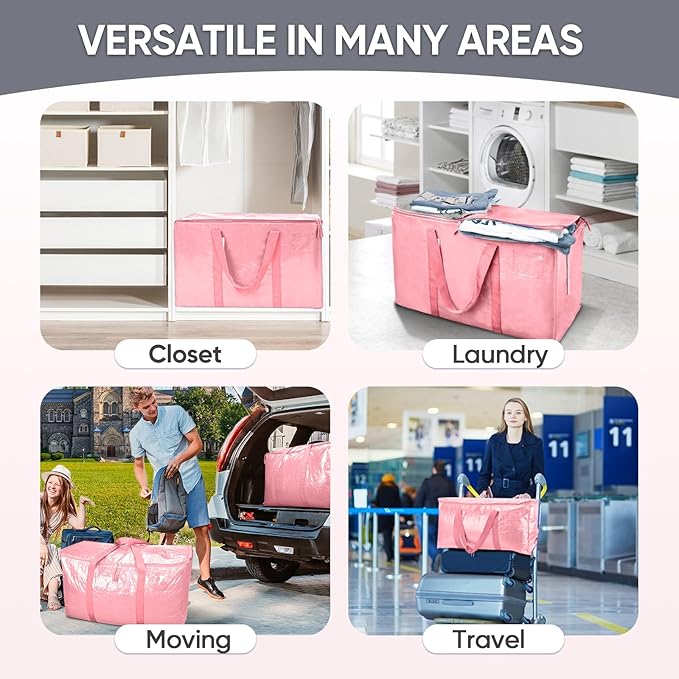 TICONN 6 Pack Extra Large Moving Bags with Zippers & Carrying Handles, Heavy-Duty Storage Tote Moving Boxes for Space Saving (6 Pack, Coral)