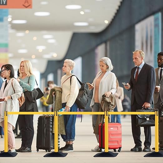 4-Pack 36" Yellow Crowd Control Stanchions, Heavy-Duty Rubber Rectangular Base with Space-Saving Design, 10ft Retractable Belt, Perfect for Indoor & Outdoor Safety Barriers