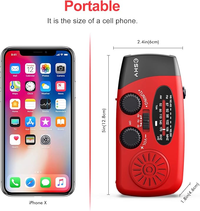 Esky Emergency Hand Crank Radio 7400mWh with 3 LED Flashlight, AM/FM/NOAA Portable Weather Radio with Power Bank Phone Charger, Solar Powered Rechargeable Radio for Indoor Survival Camping, SOS Alarm