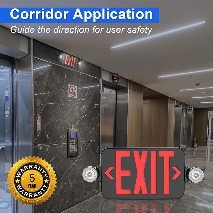 Black LED Exit Sign with Emergency Lights, Adjustable Two LED Head Exit Light with Battery Backup, UL Listed, AC 120/277V, Double Sided Hard Wired Commercial Emergency Light for Business (6 Pack)
