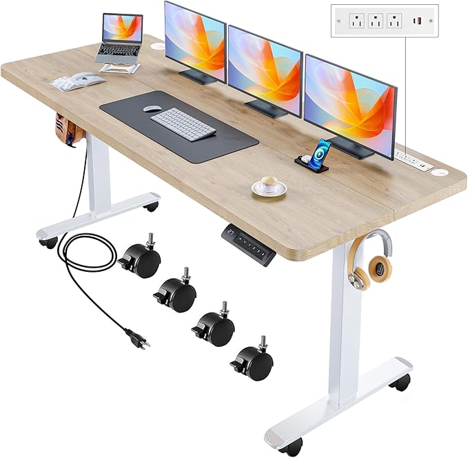 Electric Standing Desk with Wheels, 63'' x 24'' Standing Desk Adjustable Height with Charging Station, 2 USB Ports, 3 Power Outlets, 4 Caster, 27''-46'' Lifting Range Stand up Desk(Oak)