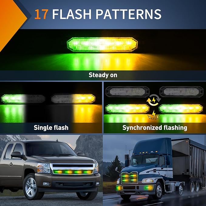 Nilight 4PCS 6LED Amber Green Emergency Strobe lights 12V 24V Surface Mount Flashing Warning Hazard Light Ultra Slim Sync Feature Grille for Cars Trucks Van Off Road Vehicles SUV