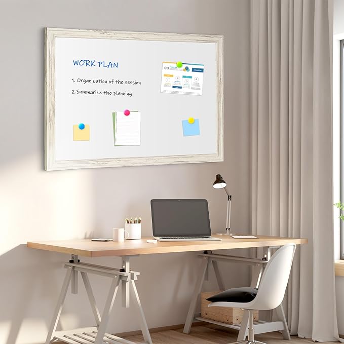 4 THOUGHT Dry Erase Board, 24 x 36 in Magnetic Whiteboard White Vintage Wood Frame Wall-Mounted White Board Decorative Notice Board for School, Office, Home, 8 Magnets 4 Markers 1 Eraser