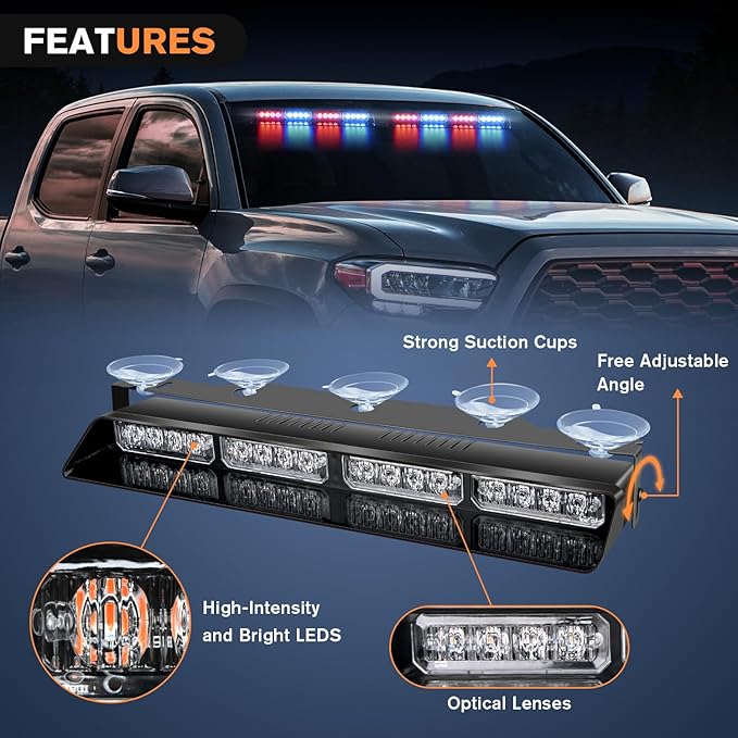 Nilight 32LED Red Blue Emergency Dash Strobe Lights with Controller Suction Cups Warning Hazard Interior Front/Rear Windshield Deck Split Light Bar for Trucks Construction Vehicles