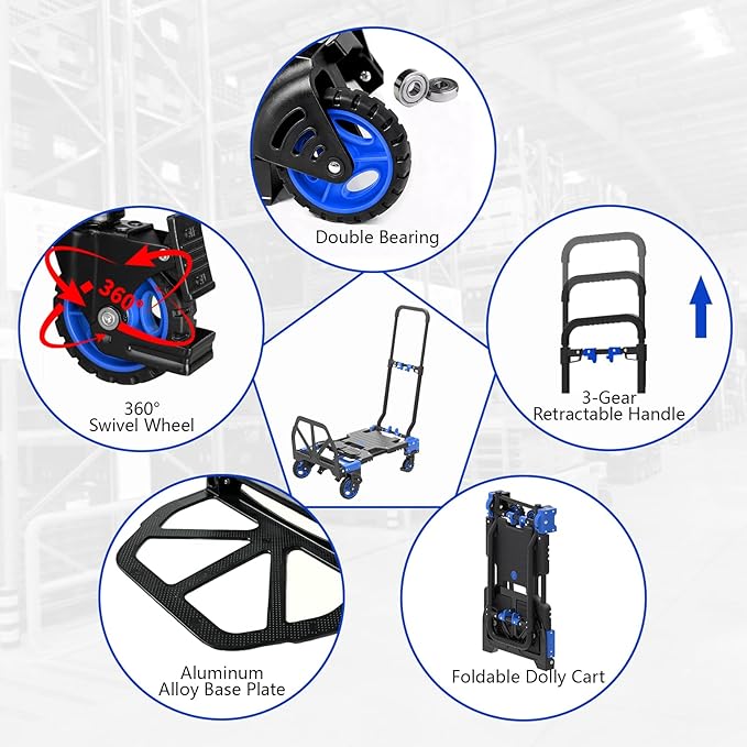 2 in 1 Hand Truck Dolly Foldable, 330LB Folding Hand Truck Heavy Duty Carrying, Folding Hand Cart with Retractable Handle Dolly Cart for Moving