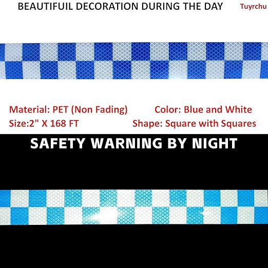Reflective Tape Blue White 2 inch Wide, Outdoor Waterproof High Visibility Hazard Warning Industrial Marking Tape (168 feet)