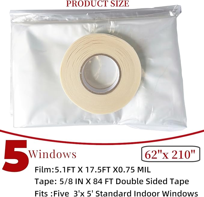 5-Window Shrink Film Window Insulation kit（62-Inch x 210-Inch），Insulating Film Window Kit Keeps Cold Air Out and Warm Air in (5 Windows)