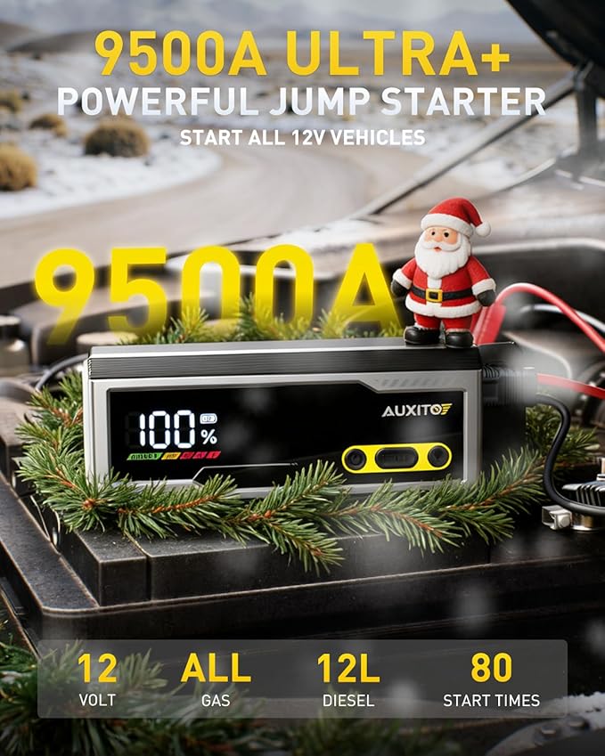 AUXITO 9500A Jump Starter, 12V Car Battery Jump Starter, Up to All Gas/All Diesel Engine with LED Display, 30W Type-C Fast Charging and 168W DC Output, 3-Mode Flashlight, Storage Case