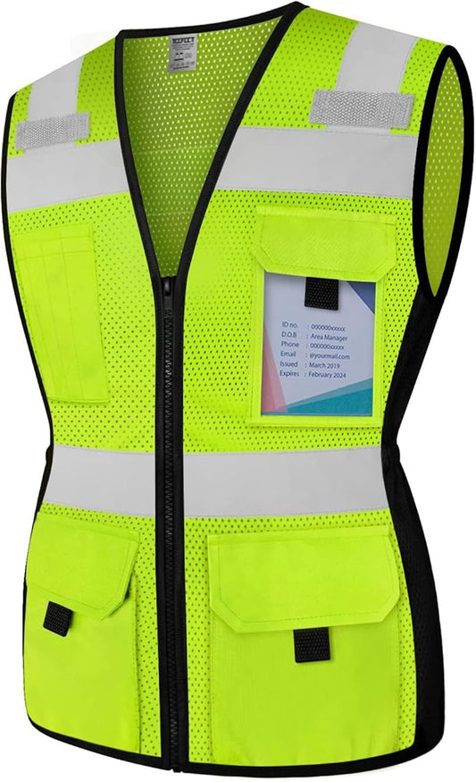 TCCFCCT Safety Vest for Women 11 Pockets Mesh Reflective Vest with Zipper, High Visibility Neon Construction Work Vest for Lady Surveyors/Warehouse, Snug-Fit, Durable, ANSI Compliant, Yellow XXL