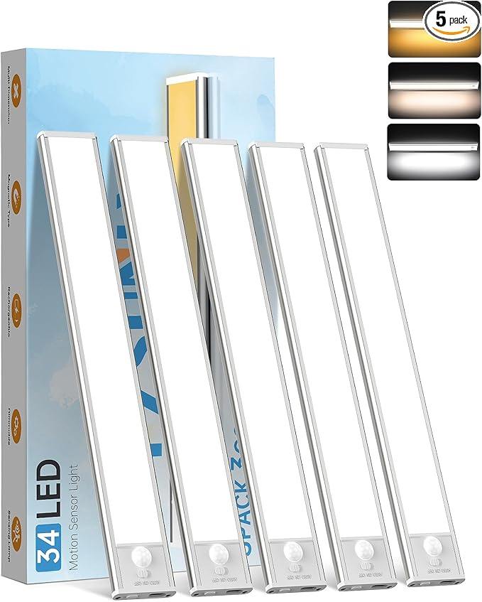 5 Pack Under Cabinet Lighting,Rechargeable Motion Sensor Light Indoor,3 Colors Dimmable,Magnetic Closet Lights,Under Counter Lights for Kitchen