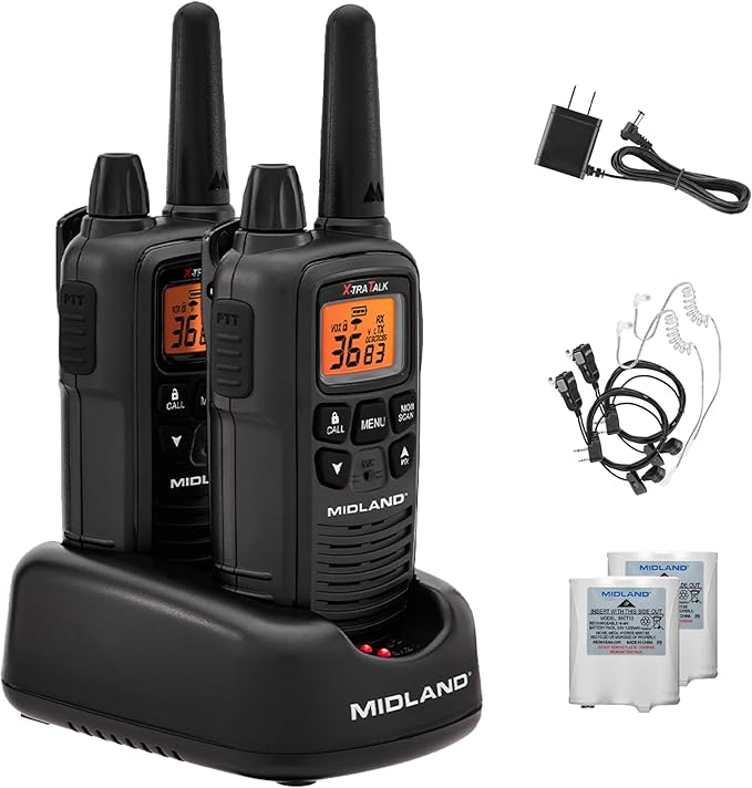 Midland LXT600BB FRS Business Walkie Talkies - Long Range 36-Channel Two-Way Radios with Headsets and Charging Base, NOAA Weather Alerts(2-Pack, Black)