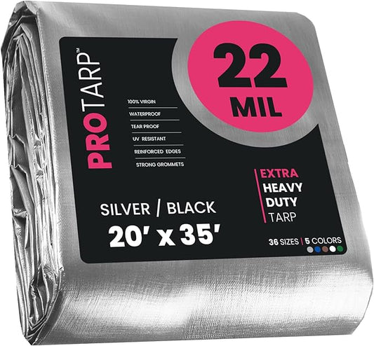 PROTARP Extreme Heavy Duty 22 Mil Tarp Cover, Waterproof, UV Resistant, Rip and Tear Proof, Poly Tarpaulin with Reinforced Edges for Roof, Camping, Patio, Pool, Boat. (Silver/Black 20′ X 35′)