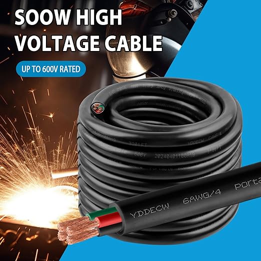 25ft 6/4 6 AWG Portable Power Cable (4 Conductor) - SOOW 600V 6 Gauge Electric Wire for Motor Leads, Portable Lights, Battery Chargers and Machinery - 4 Conductor - 25 Feet Electrical Cord