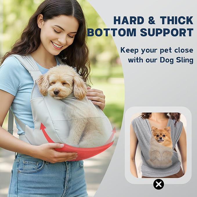 Dog Sling Carrier for Small Dogs with Bottom Support, Adjustable Pet Front Dog Carrier-Padded Straps Reducing Back Neck Pain, Anti-Anxiety Backpack for Travel Hiking Camping, Hands Free (Grey,M)