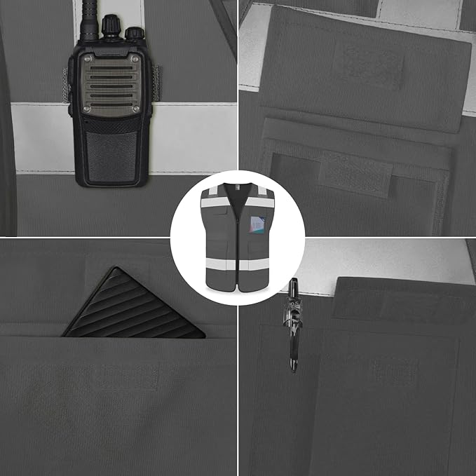 TCCFCCT Safety Vest for Men Women 5 Pockets Reflective Vest with Reinforced Zipper, High Visibility Construction Work Vest with Tabs for Walkie-talkie, Durable to Use, Meets ANSI/ISEA, Grey, 5XL