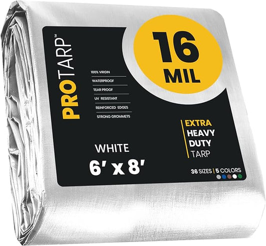 PROTARP Extra Heavy Duty 16 Mil Tarp Cover, Waterproof, UV Resistant, Rip and Tear Proof, Poly Tarpaulin with Reinforced Edges for Roof, Camping, Patio, Pool, Boat. (White 6′ X 8′)