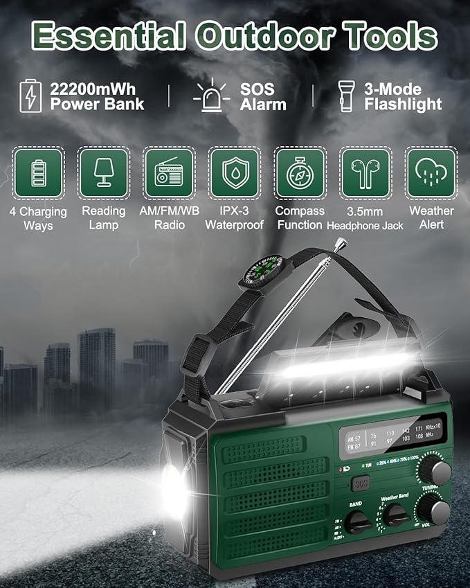 Hand Crank Emergency Radio, 6000mAh/22200mWh Solar AM FM NOAA Weather Alert Radio, 3-Mode Flashlight, Reading Lamp, SOS Alarm, Phone Charger for Winter Storm and Emergency
