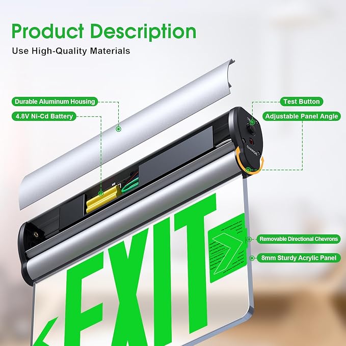 Led Edge-Lit Exit Sign ,Brushed Aluminum Housing Single-Sided Clear Rotating Acrylic Panel,Hardwired Emergency Exit Signs with Battery Backup, 120V-347VAC,Green Led Emergency Exit Light for Business , UL Listed,Top/Side/Wall Mount(4 Pack)