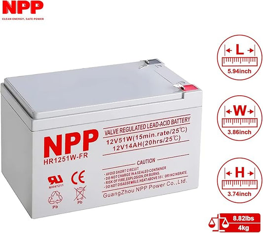 NPP HR1251W (F2, 4Pcs) 612Watts 12V 51Watt/Cell AGM Sealed Lead Acid High Rate Battery, Replace 12 Volt 14Ah 15Ah Flame Retardant UPS Battery for Fish Finder, Scooter, Security System and Solar System