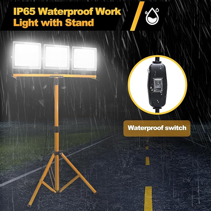45000 Lumen LED Work Light with Stand, 3-Head Adjustable Lights with 16.5FT Extended Cord, IP65 Waterproof Work Lamp for Indoor & Outdoor Job Sites, Workshops, Construction, Garage Lighting