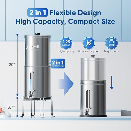 Purewell 2.25G Gravity Water Filter System with Water Level Window, 7-Stage 0.01μm Ultra-Filtration Countertop System with 4 Filters and Stand, Reduce Fluoride & Chlorine, Up to pH 9, PW-KS-FT