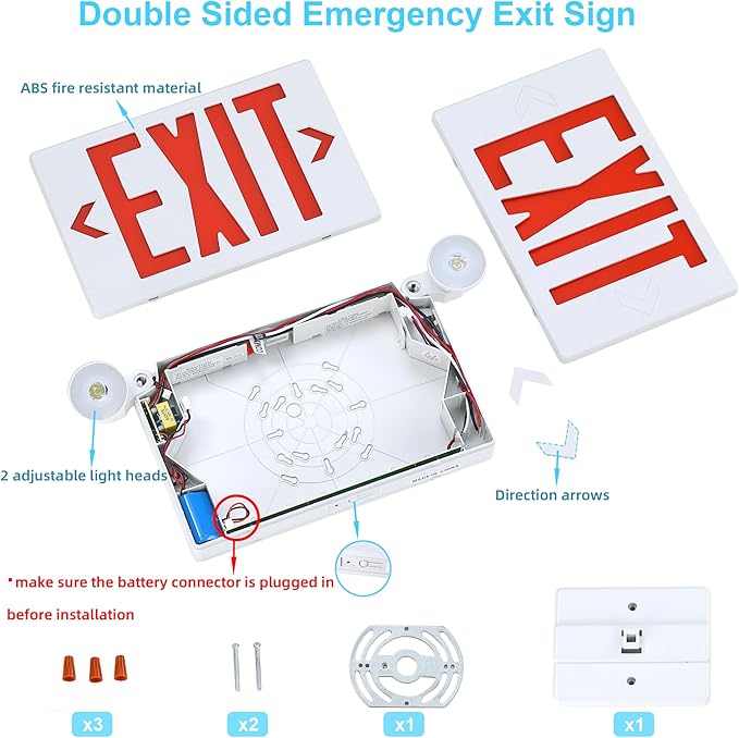 Gruenlich Exit Signs with Emergency Lights, 2 Adjustable LED Head with Battery Backup, 94V-0 Fire Resistant, AC 120/277V, Hardwired Commercial Emergency Light Combo for Business, 12 Pack