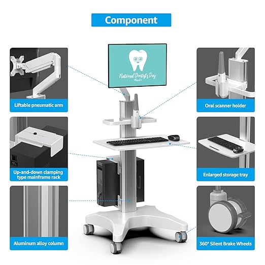Medical Trolley Cart with Monitor Mount & Oral Scanner Holder – Height-Adjustable Mobile Workstation for Dental Clinics, Hospitals & Beauty Salons