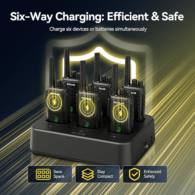 Retevis RT21H 2 Way Radio Long Range, Walkie Talkies for Adults, Hidden Display, Heavy Duty Rechargeable Two Way Radios with Six-Way Charger, for Manufacturing Education Security(6 Pack)