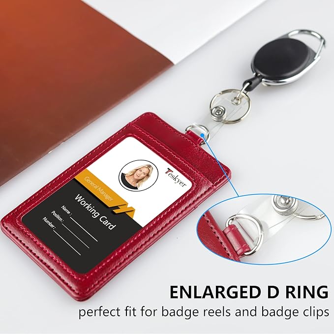 Teskyer Badge Holder with Lanyard, Leather ID Name Badge Card Holder with Lanyard for ID Badges, Vertical Wine Red