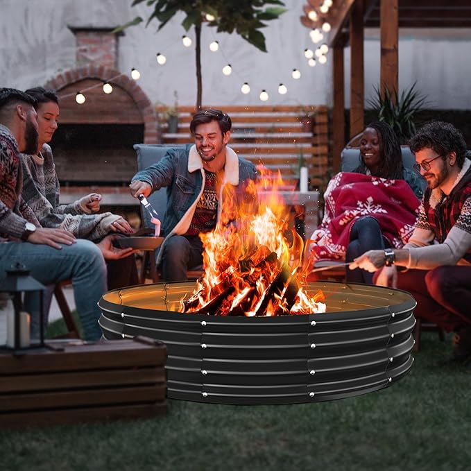 60 Inch Round Galvanized Fire Pit Ring/Fire Ring - Foldable and Perfect for Outdoor Gatherings and Campfires in The Yard/Garden/Park/Beach (Black+Gray, 5 FT Diameter+1 FT Tall)
