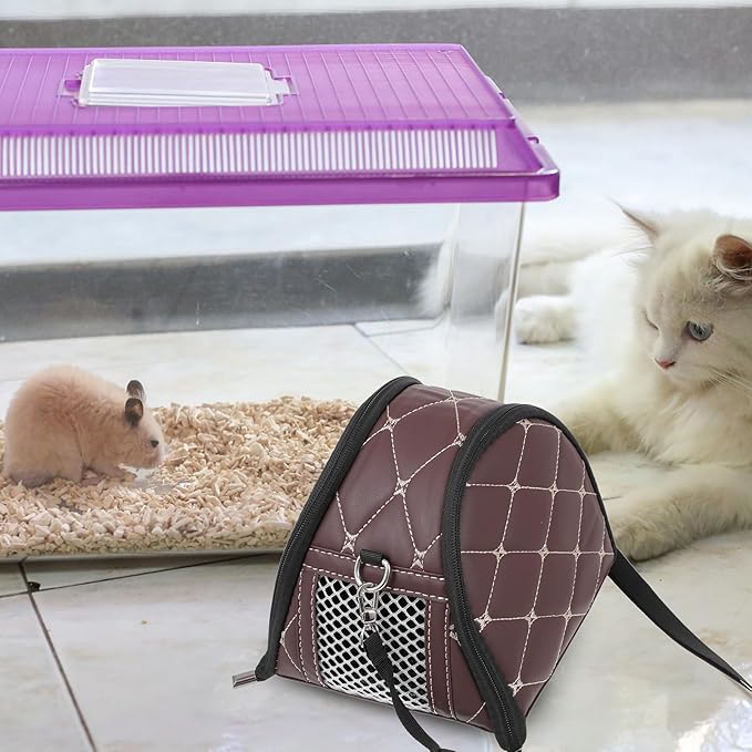 Small Animal Carrier Bag for Hamsters and Hedgehogs, Portable Pet Travel Pouch with Brown Nylon Strap, Outdoor Chinchilla and Rat Carrier for Small Pets on The Go