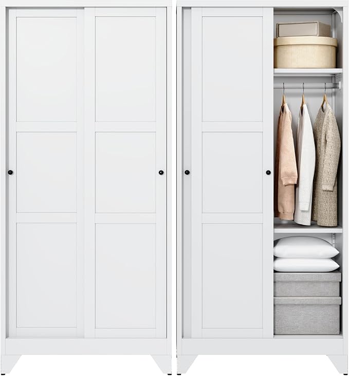 Letaya Metal Wardrobe Cabinets,68" Tall Armoire Wardrobe Closet with Sliding Barn Doors and Shelves,Large Coat Closet Cabinet with Hanging Rod,Clothing Storage Cabinets for Home Room,White (White)