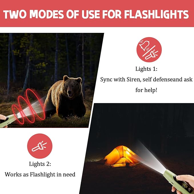 Rechargeable Bear Horn to Scare Bears, 125dB Electronic Air Horn with LED Flashlight & Compass & Thermometer, Electronic Whistle Bear Bells for Safety Hiking Camping Emergency Self Defense
