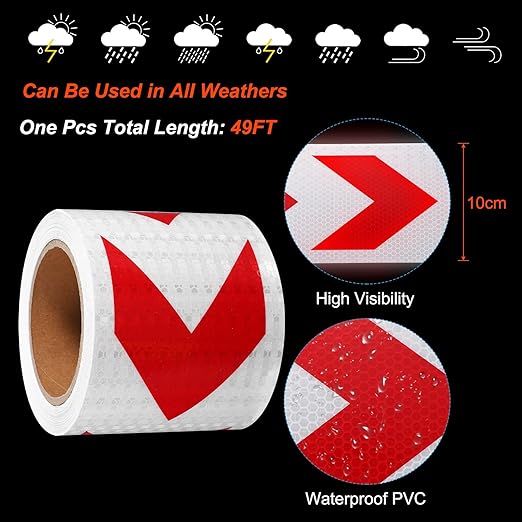 PATIKIL Reflective Tape, 4 Inch x 49 ft Waterproof Self Adhesive High Visibility Safety Warning Arrow Tape Outdoor Reflectors for Trucks Trailers Cars, White Red