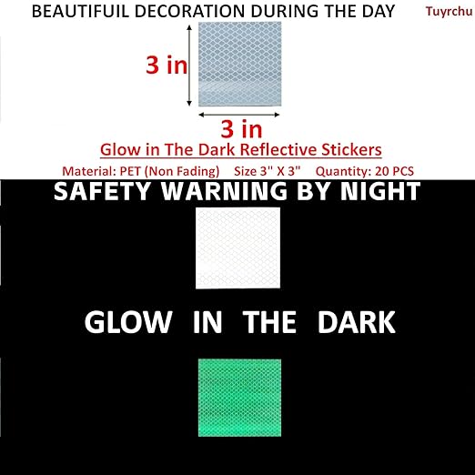 Glow in The Dark Reflective Stickers 3 inch X 3 inch for Bikes, Outdoor Waterproof High Visibility Reflector (20 Pcs)