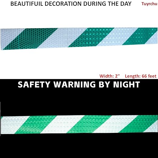 Reflective Tape Green White 2 inch Wide for Cars, Outdoor Waterproof High Visibility Safety Warning Adhesive Strips (66 feet)