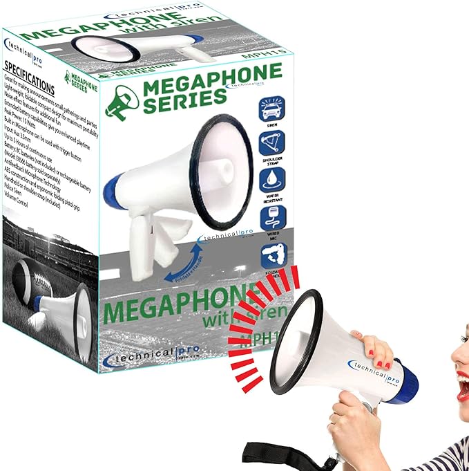 Technical Pro Megaphone 20 Watts Speaker PA with Up to 800 Yard Range for Use at Sports Events Camps Cheer Leading Coaches and Safety Drills - Features Adjustable Volume and Siren (2 Pack)