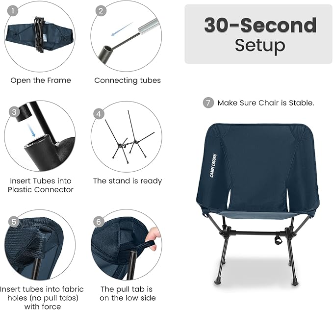 CAMEL CROWN Portable Camping Chair Folding Compact Lawn Lightweight Backpacking Chair with Carry Bag for Outdoor Hiking Beach Travel Picnic Festival Navy Blue
