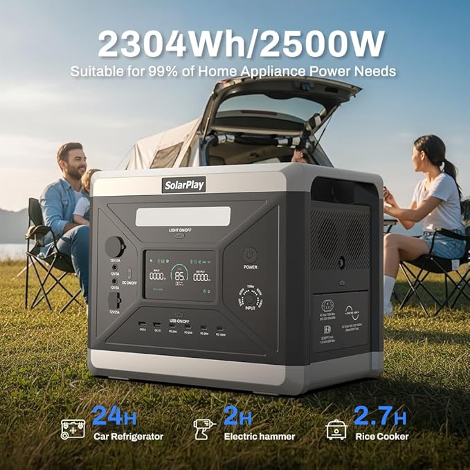 SolarPlay Portable Power Station 2400W(Peak 4800W), 2160Wh Solar Generator 1.5Hrs Fast Charging LiFePO4 Battery, 4 AC Outlets Emergency Power Station for Home Camping Outdoor Battery Backup