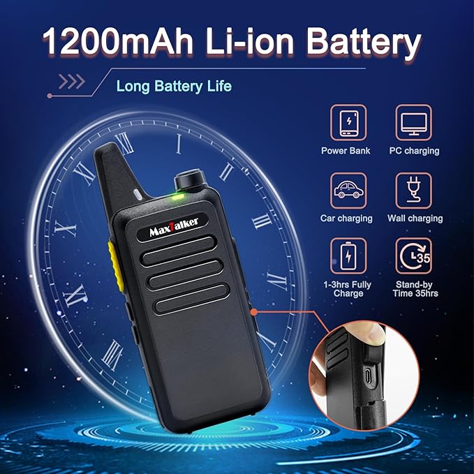 Radios Walkie Talkies Long Range: MaxTalker 12 Pack MT1 Portable FRS Two Way Radios Long Range with Earpiece VOX License-Free Rechargeable Walkie Talkies for Adults School Restaurant Business Hiking